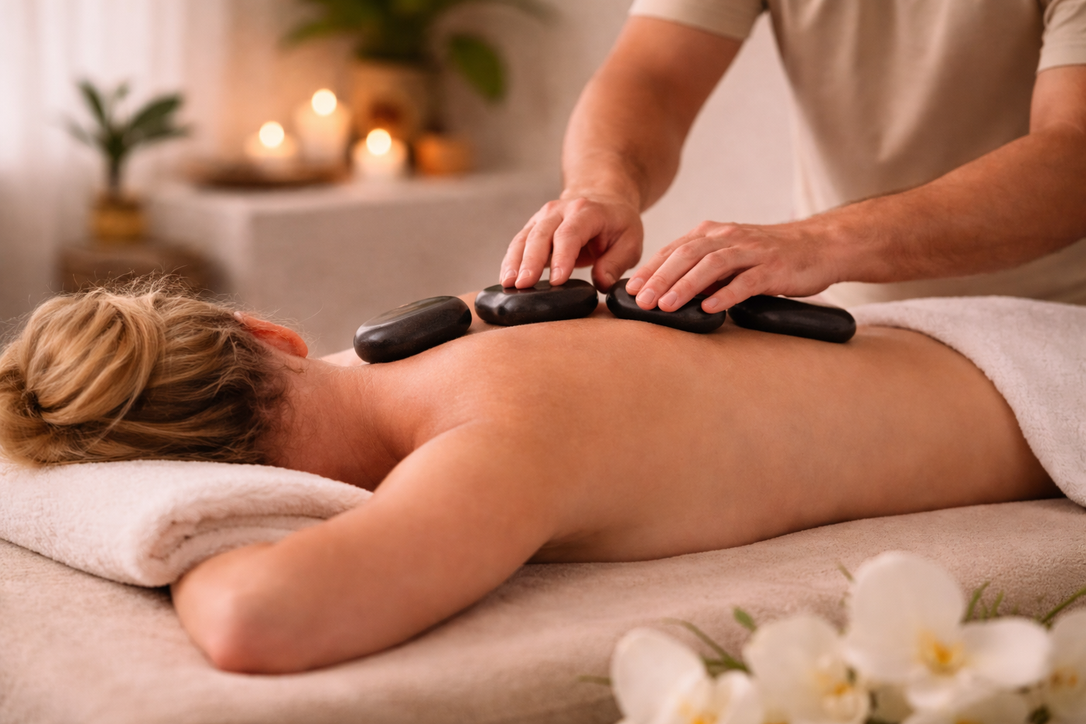 Hot-Stone und Kräuterstempel Massage